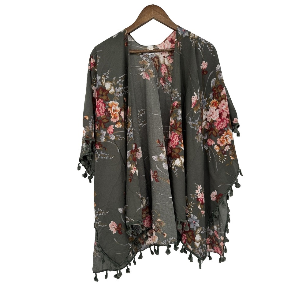 One Size Grey floral coverup tassels fringe kimono boho‎ festival spring cottage